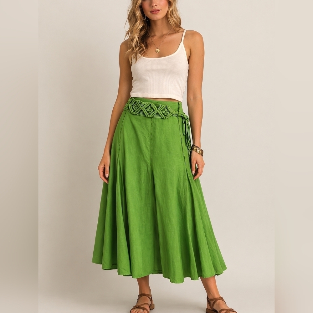 A LA CARTE 1990s Green Boho Gypsy Hippie Godet Circle Skirt